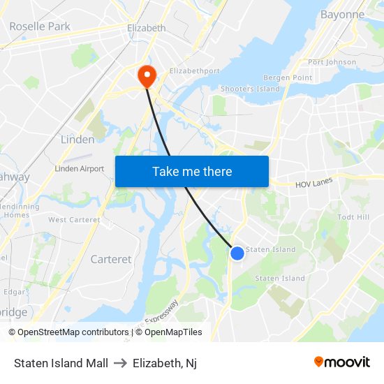 Staten Island Mall to Elizabeth, Nj map