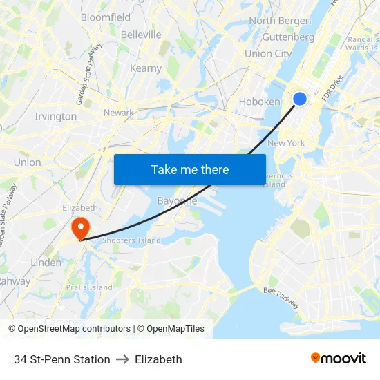 34 St-Penn Station to Elizabeth map