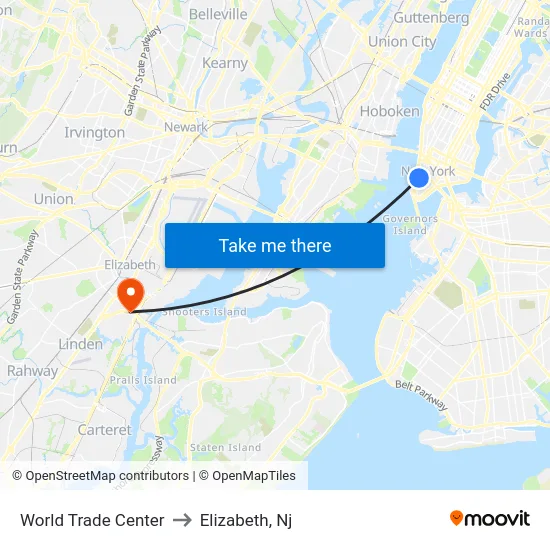 World Trade Center to Elizabeth, Nj map