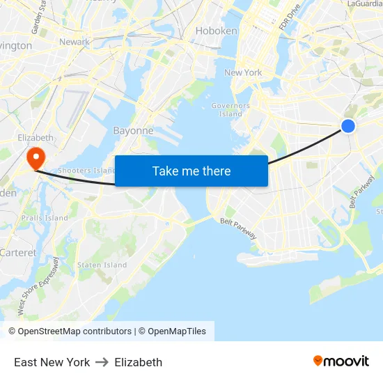 East New York to Elizabeth map