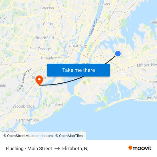 Flushing - Main Street to Elizabeth, Nj map