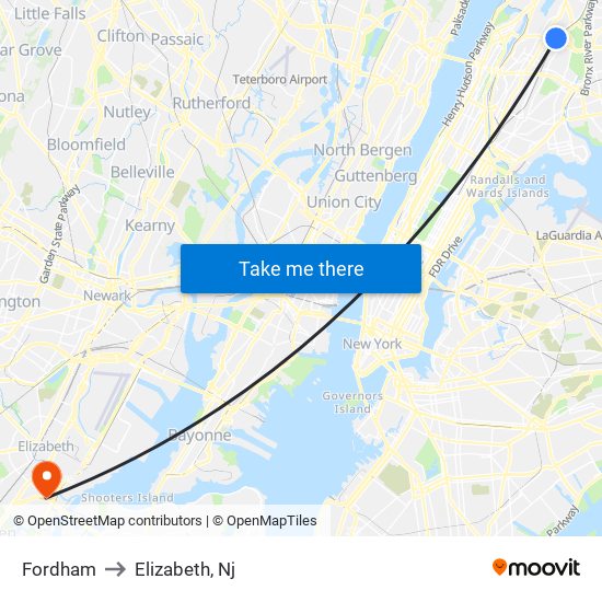 Fordham to Elizabeth, Nj map