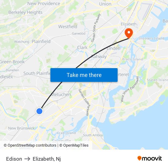 Edison to Elizabeth, Nj map