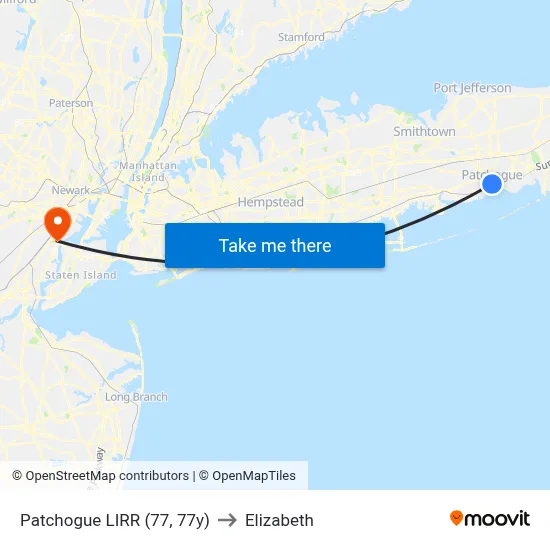 Patchogue LIRR (77, 77y) to Elizabeth map