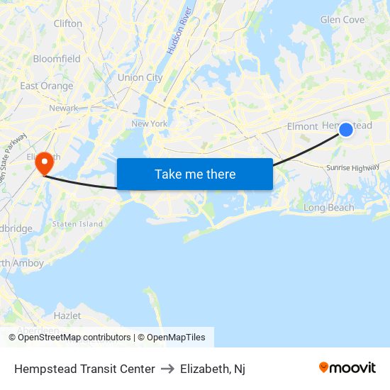 Hempstead Transit Center to Elizabeth, Nj map