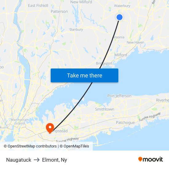 Naugatuck to Elmont, Ny map