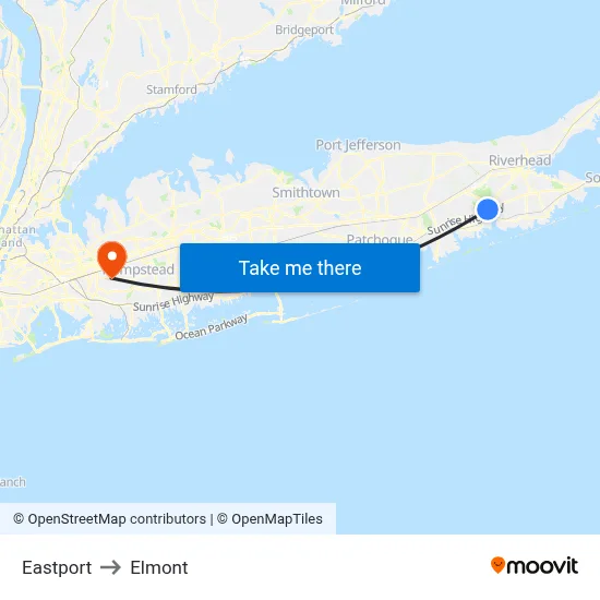 Eastport to Elmont map