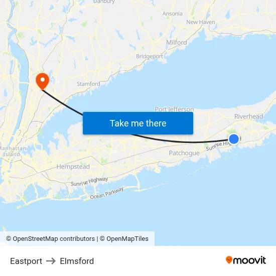 Eastport to Elmsford map