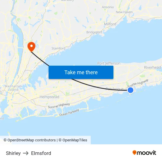 Shirley to Elmsford map