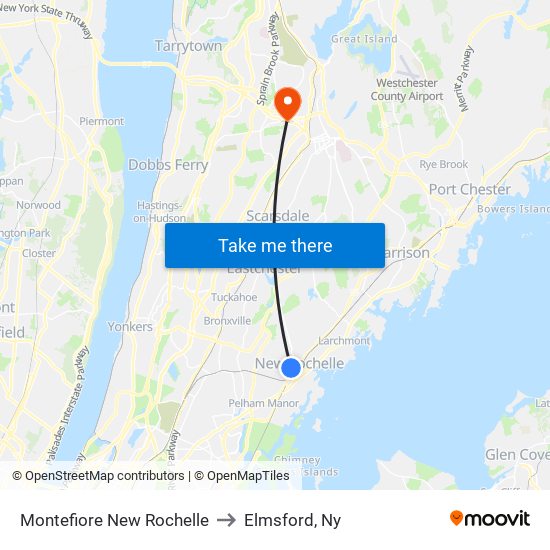 Montefiore New Rochelle to Elmsford, Ny map