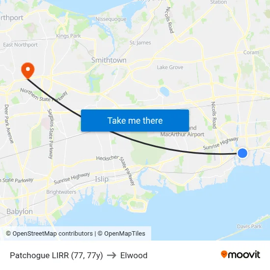 Patchogue LIRR (77, 77y) to Elwood map