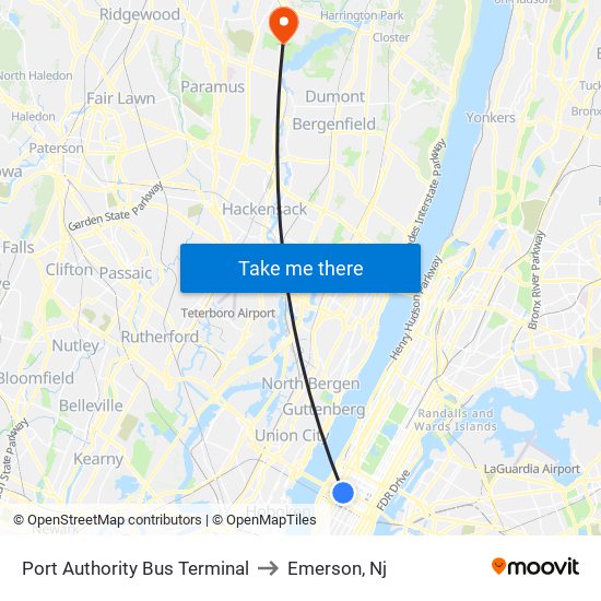 Port Authority Bus Terminal to Emerson, Nj map