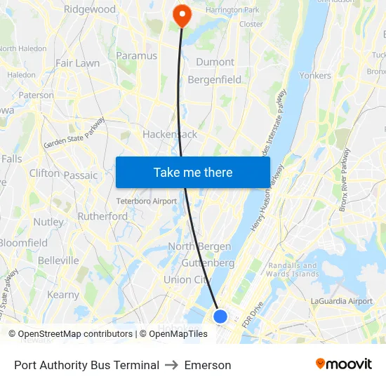 Port Authority Bus Terminal to Emerson map