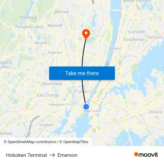 Hoboken Terminal to Emerson map