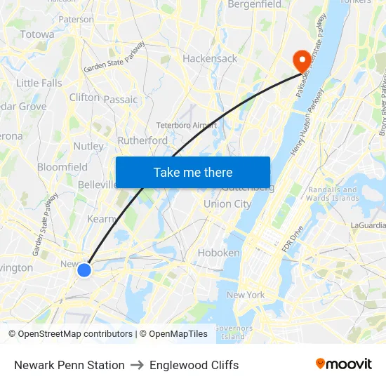 Newark Penn Station to Englewood Cliffs map