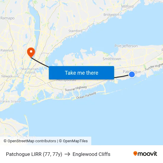 Patchogue LIRR (77, 77y) to Englewood Cliffs map