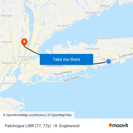 Patchogue LIRR (77, 77y) to Englewood map
