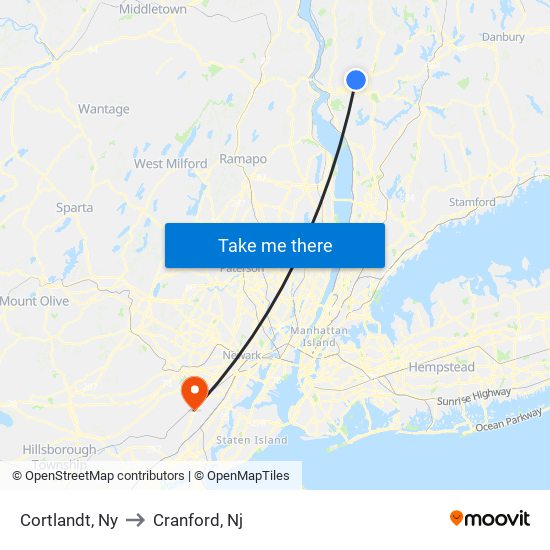 Cortlandt, Ny to Cranford, Nj map