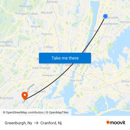 Greenburgh, Ny to Cranford, Nj map