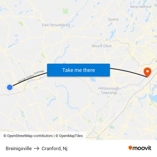 Breinigsville to Cranford, Nj map