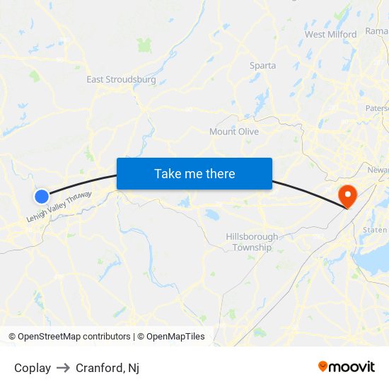 Coplay to Cranford, Nj map