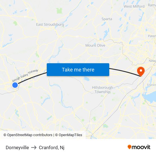 Dorneyville to Cranford, Nj map