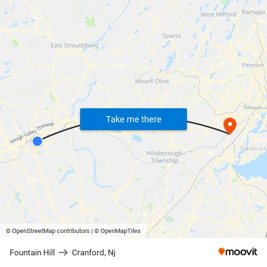 Fountain Hill to Cranford, Nj map