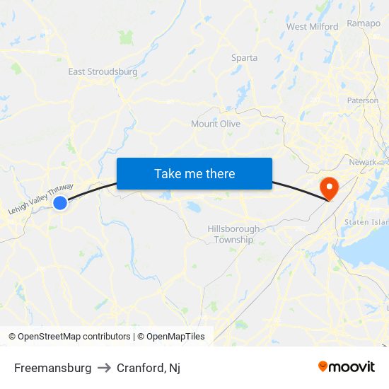 Freemansburg to Cranford, Nj map