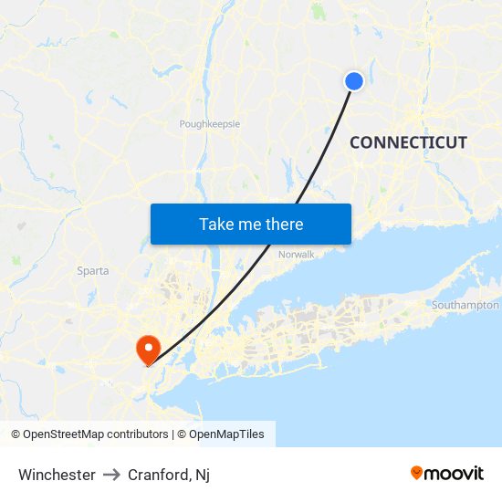 Winchester to Cranford, Nj map