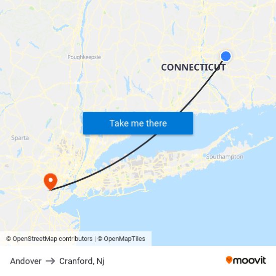 Andover to Cranford, Nj map