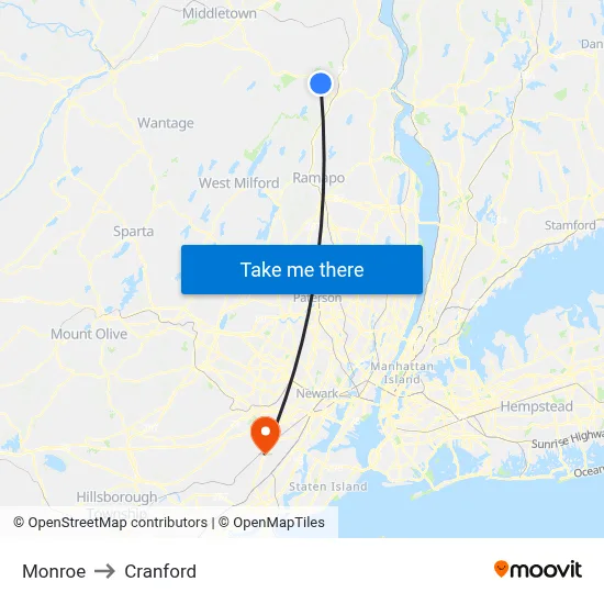 Monroe to Cranford map