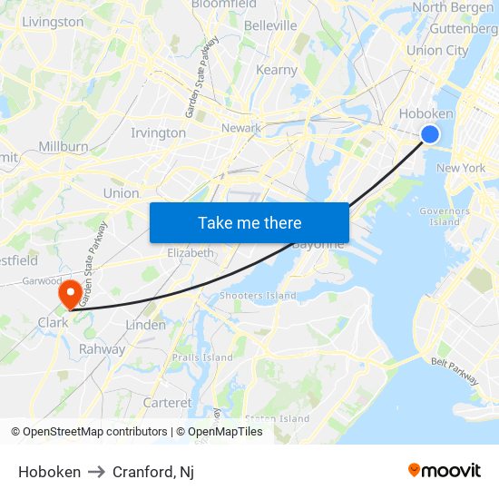 Hoboken to Cranford, Nj map