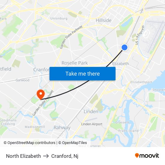 North Elizabeth to Cranford, Nj map