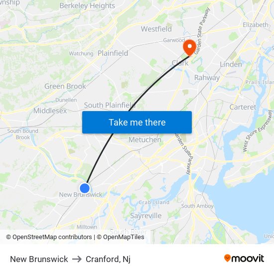 New Brunswick to Cranford, Nj map