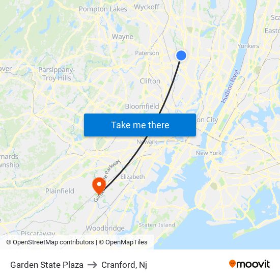 Garden State Plaza to Cranford, Nj map