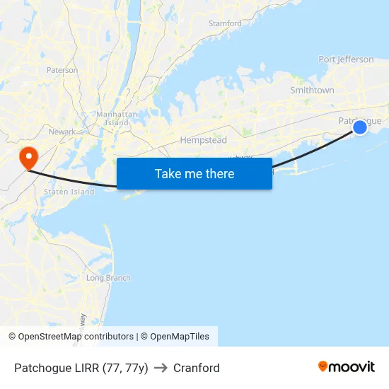 Patchogue LIRR (77, 77y) to Cranford map