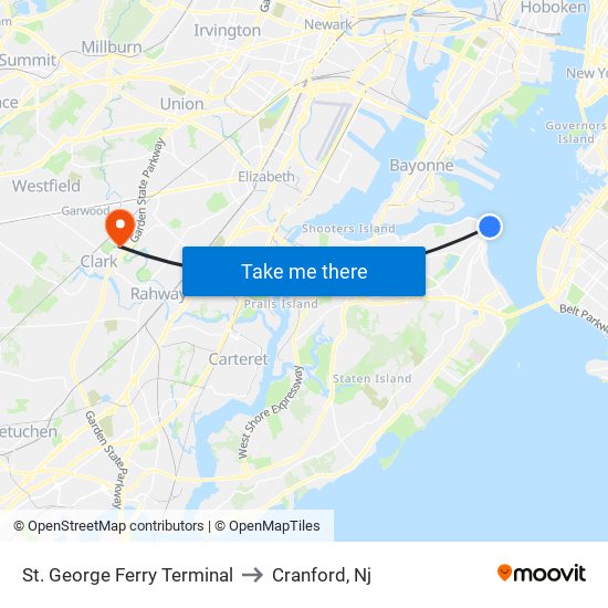 St. George Ferry Terminal to Cranford, Nj map