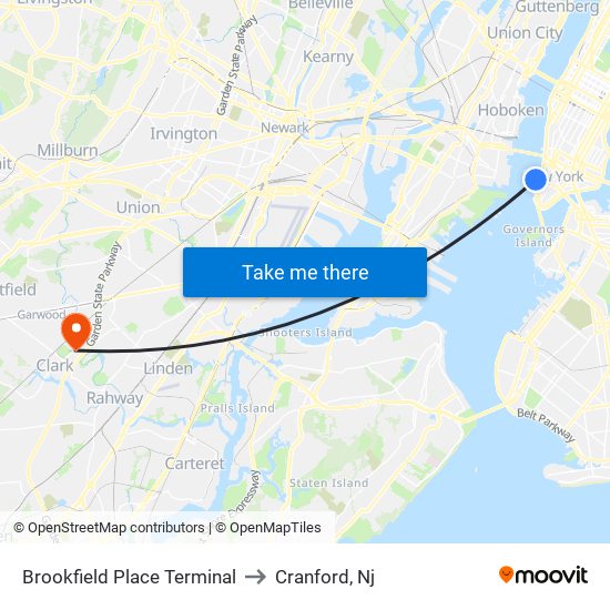 Brookfield Place Terminal to Cranford, Nj map