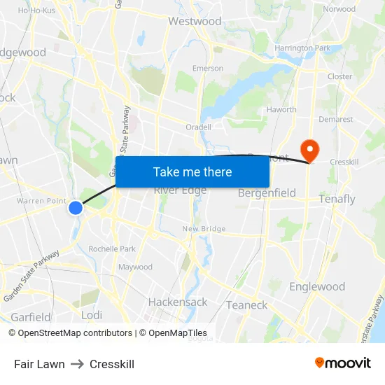Fair Lawn to Cresskill map