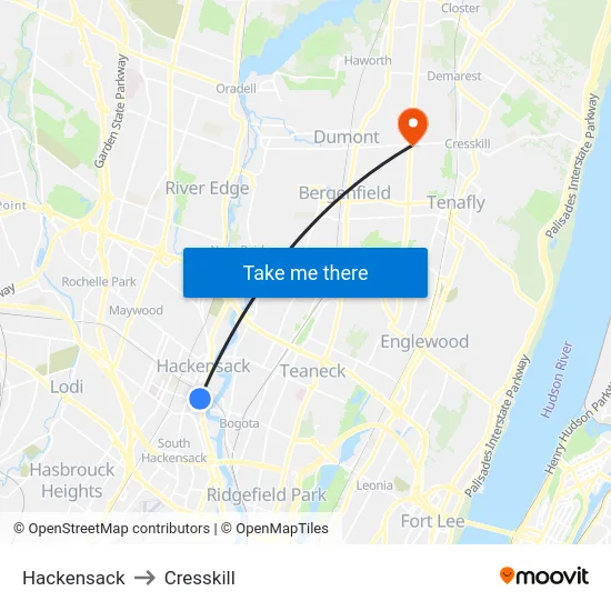 Hackensack to Cresskill map