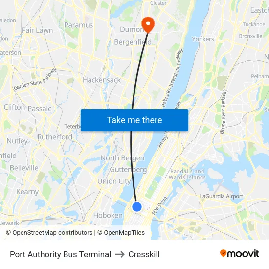 Port Authority Bus Terminal to Cresskill map