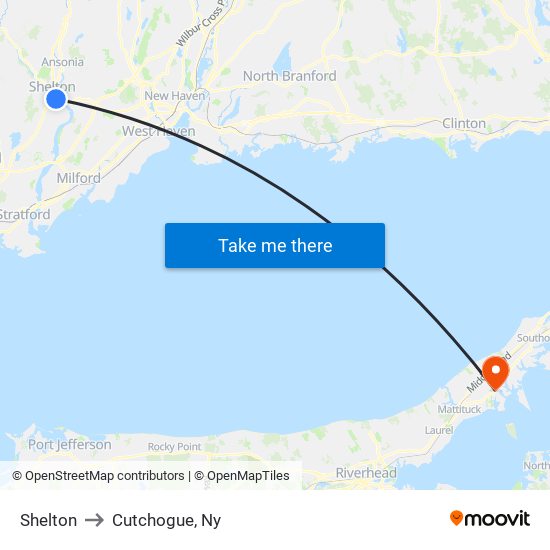 Shelton to Cutchogue, Ny map