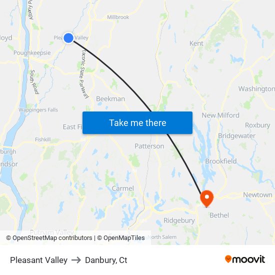 Pleasant Valley to Danbury, Ct map