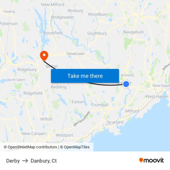 Derby to Danbury, Ct map