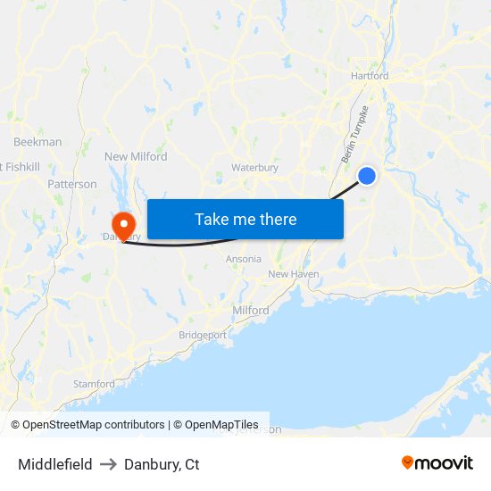 Middlefield to Danbury, Ct map