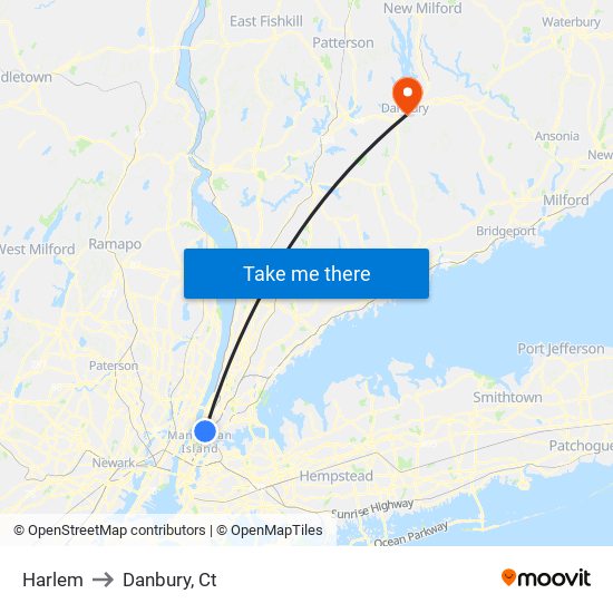 Harlem to Danbury, Ct map