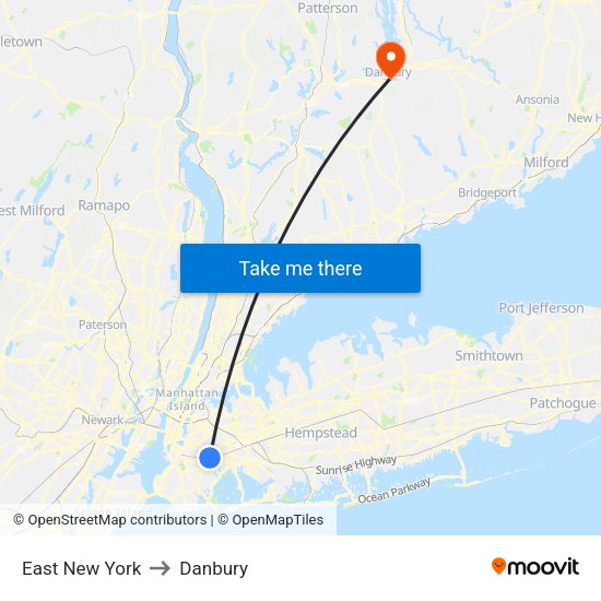 East New York to Danbury, Ct map