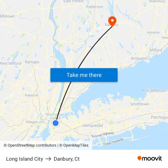 Long Island City to Danbury, Ct map