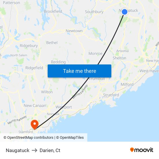 Naugatuck to Darien, Ct map