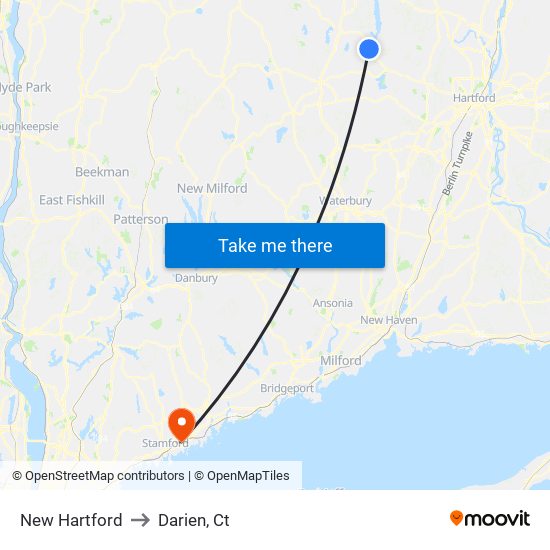 New Hartford to Darien, Ct map